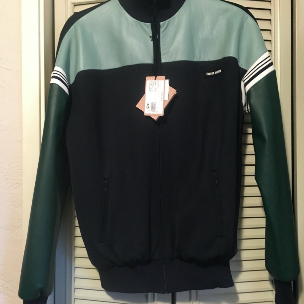 Miu Miu color blocked runway varsity-style jacket